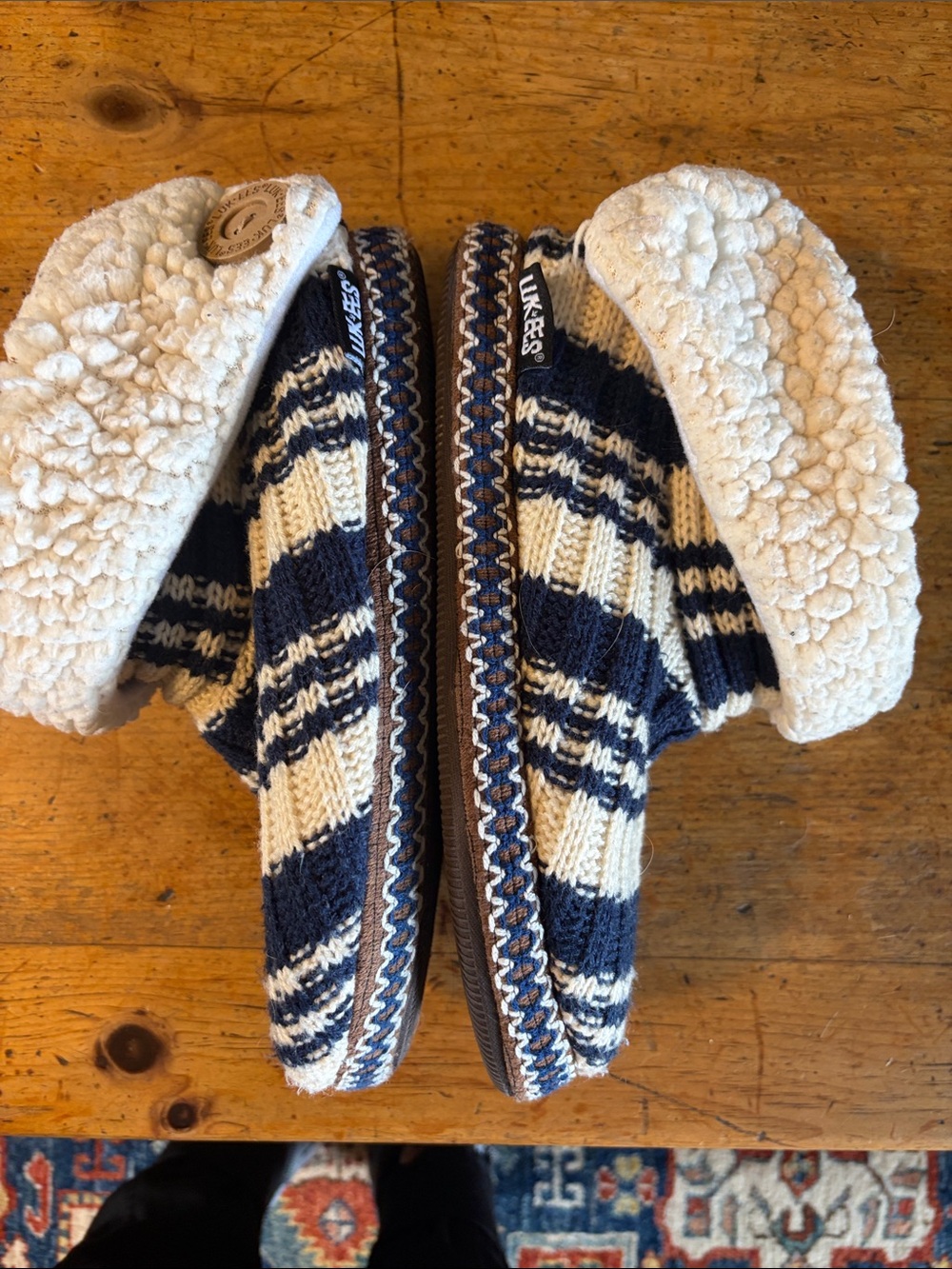Muk Luks Navy and Cream Knit Sherpa-Lined Slipper Boots